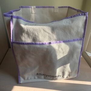 New Macy’s Crème & Lavender Linen- Like Tote w/ Outside Pocket